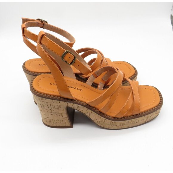Lucky Brand Orange Strappy Cork Heel Sandals Adjustable Ankle Strap 7 NEW - Picture 1 of 7